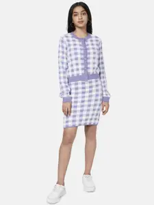 Coolsters by Pantaloons Girls Lilac & White Checked Sweater Dress With Cardigan