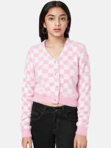 Coolsters by Pantaloons Girls Pink & White Checked Crop Cardigan Sweater