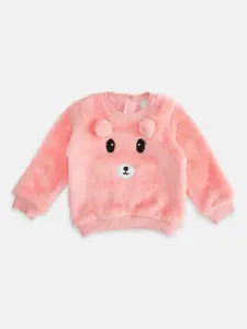 Pantaloons Baby Girls Peach-Coloured & White Printed Pullover with Fuzzy Detail