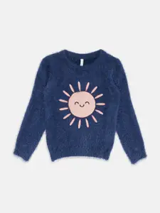 Pantaloons Junior Girls Navy Blue & Pink Printed Pullover with Fuzzy Detail