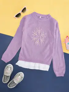 Pantaloons Junior Girls Purple & Off White Pullover with Embroidered Detail