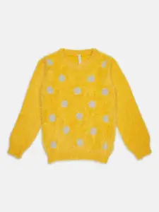 Pantaloons Junior Girls Yellow & Grey Printed Pullover with Fuzzy Detail
