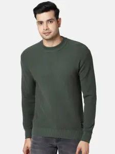 People Men Green Solid Cotton Pullover