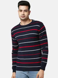 People Men Navy Blue & White Striped Cotton Pullover