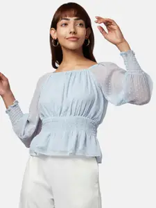 Honey by Pantaloons Blue Self Design Cinched Waist Top