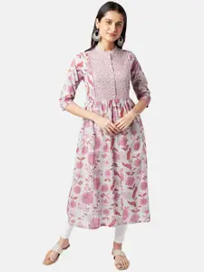 RANGMANCH BY PANTALOONS Women Charcoal & Pink Floral Printed A-line Cotton Kurta