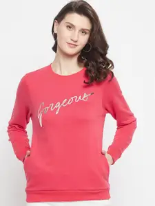 HARBOR N BAY Women Coral Typography Printed Cotton Sweatshirt