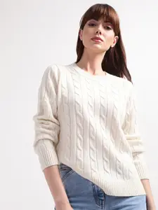 GANT Women Off White Cable Knit Wool Pullover