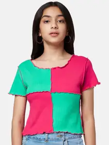 Coolsters by Pantaloons Girls Pink & Sea Green Colourblocked Cotton T-shirt