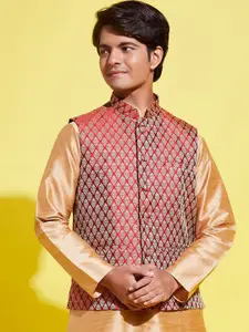 VASTRAMAY Boys Maroon & Gold-Coloured Woven Design Slim-Fit Nehru Jacket