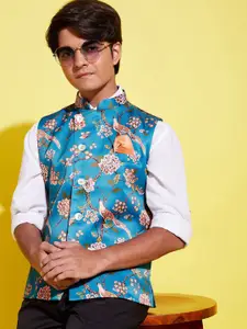 VASTRAMAY Boys Turquoise Blue Printed Slim-Fit Nehru Jacket
