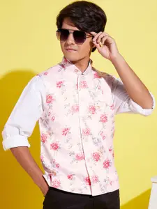 VASTRAMAY Boys Peach-Colored Printed Woven Nehru Jackets
