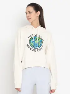ADIDAS Originals Women Beige Printed Cotton Hoodie Sweatshirt