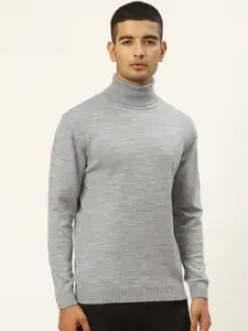 RVK Men Grey Melange Turtle Neck Solid Pullover