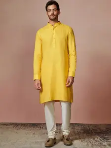 Manyavar Mandarin Collar Roll-Up Sleeves Linen Straight Kurta