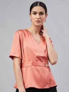 Carlton London Women Peach-Coloured Solid Wrap Top