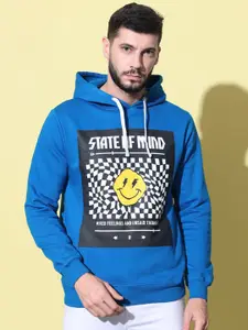 The Dry State Men Blue Printed Hooded Sweatshirt