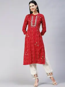FASHOR Women Red Bandhani Printed Straight Kurta
