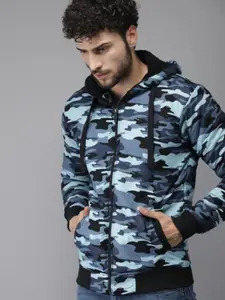 Campus Sutra Men Blue Black Camouflage Windcheater Bomber Jacket