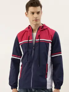 Campus Sutra Men Blue & Red Colourblocked Windcheater Open Front Jacket