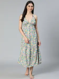 Oxolloxo Women Floral Print Slit Cut Beachwear Dress