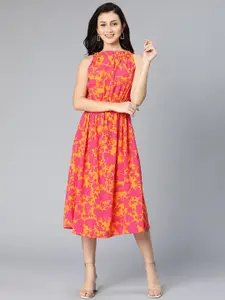 Oxolloxo Orange & Pink Ethnic Motifs Halter Neck Satin A-Line Midi Dress