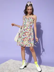 DODO & MOA White & Pink Floral Printed Crepe Dress