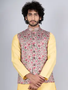 Tistabene Men Plus Size Grey & Red Floral Printed Nehru Jacket