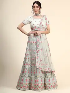 Phenav Cream-Coloured & Pink Embroidered Thread Work Ready to Wear Lehenga & Blouse With Dupatta