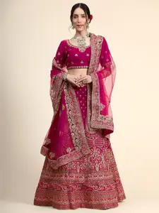 Phenav Magenta & Gold-Toned Embroidered Thread Work Ready to Wear Lehenga & Blouse With Dupatta