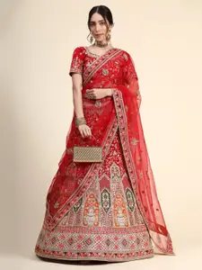 Phenav Red & Green Embroidered Thread Work Ready to Wear Lehenga & Blouse With Dupatta