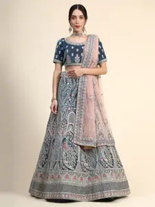 Phenav Navy Blue & Pink Embroidered Thread Work Ready to Wear Lehenga & Blouse With Dupatta