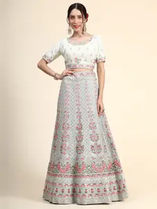 Phenav White & Pink Embroidered Thread Work Ready to Wear Lehenga & Blouse With Dupatta