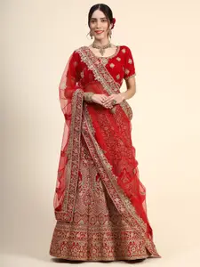 Phenav Red & Gold-Toned Embroidered Thread Work Ready to Wear Lehenga & Blouse With Dupatta