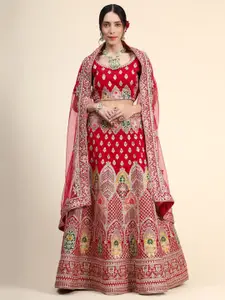 Phenav Red & Yellow Embroidered Thread Work Ready to Wear Lehenga & Blouse With Dupatta
