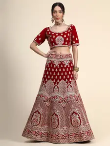 Phenav Red & Silver-Toned Embroidered Thread Work Ready to Wear Lehenga & Blouse With Dupatta