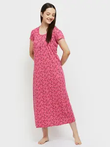 max Pink & White Floral Printed Pure Cotton Nightdress