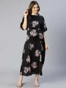 Oxolloxo Black Floral Satin Midi Dress