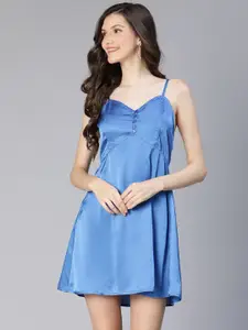 Oxolloxo Blue Solid Satin A-Line Mini Dress