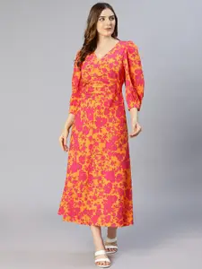 Oxolloxo Orange Floral Printed Satin Midi Dress
