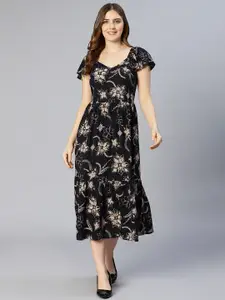 Oxolloxo Black Floral Printed Crepe Midi Dress