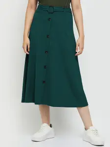 max Women Green Solid Midi Straight Skirts