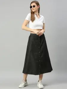 High Star Women Charcoal Grey Solid A-Line Midi Skirts