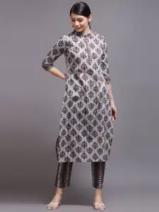 KALINI Women Grey & Coral Ethnic Motifs Printed Kurta