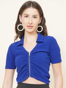 DIVA WALK EXCLUSIVE Blue Front Zipper Shirt Style Georgette Crop Top