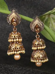 ANIKAS CREATION Women Cream Gold-Plated Dome Shaped Jhumkas Earrings