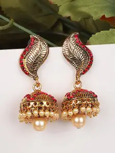 ANIKAS CREATION Women Red Gold-Plated Dome Shaped Jhumkas Earrings