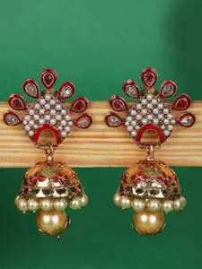 ANIKAS CREATION Women Red & White Gold-Plated Dome Shaped Jhumkas Earrings
