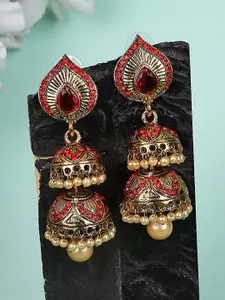 ANIKAS CREATION Women Red Gold-Plated Dome Shaped Jhumkas Earrings
