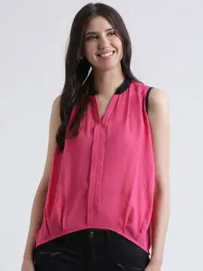 DIVA WALK EXCLUSIVE Pink & Black Mandarin Collar Georgette Top